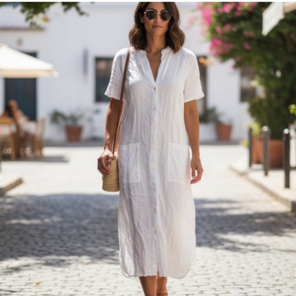 James Perse White Linen Button-Down Shirt Dress